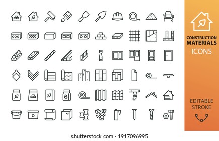Construction materials isolated icon set. Set of building tools, blocks, floor and roof materials, door, window, cement bag, tile adhesive, house siding, timber, drywall, metal profile vector icons
