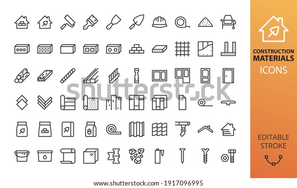 Construction materials isolated icon set. Set of\
building tools, blocks, floor and roof materials, door, window,\
cement bag, tile adhesive, house siding, timber, drywall, metal\
profile vector\
icons