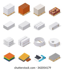 Construction materials isometric icon set, concrete products, bricks, aerated concrete blocks, roofing and insulating materials, vector graphic illustration