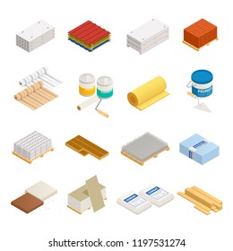 Construction materials isometric icons collection of sixteen isolated images with hardware and building supplies on blank background vector illustration