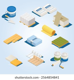 construction materials isometric with isolated images domestic decorating materials building