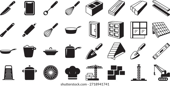 Conjunto de iconos de materiales de construcción y herramientas de cocina. Contiene ladrillos, madera, paleta, techo, cuchillo, batidor, rodillo, olla, sombrero de chef y más.