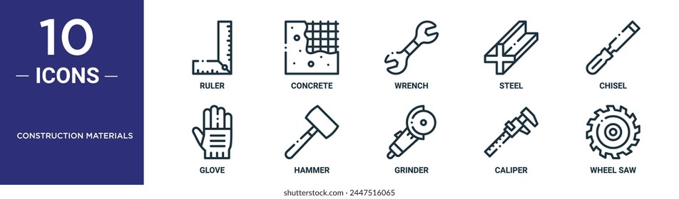 construction materials outline icon set includes thin line ruler, concrete, wrench, steel, chisel, glove, hammer icons for report, presentation, diagram, web design