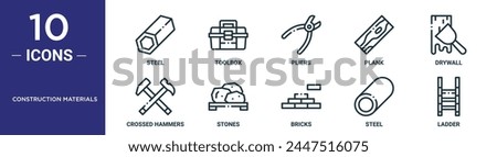 construction materials outline icon set includes thin line steel, toolbox, pliers, plank, drywall, crossed hammers, stones icons for report, presentation, diagram, web design