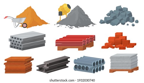 Construction materials set, flat vector illustration. Pile of sand, cement, stones, bricks. Concrete mixer. Stack of gypsum blocks, metal roof, tile, wooden planks. Materials for building industry. - Shutterstock ID 1932030740