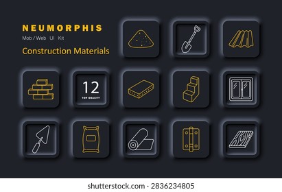 Construction materials set icon. Aggregate, shovel, roofing sheet, brickwork, concrete slab, stair element, window frame, trowel, cement sack, membrane roll, hinge hardware, lumber plank