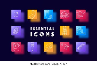 Construction materials set icon. Angle bracket, pipe elbow, concrete mixer, wheelbarrow, timber log, ladder, measuring tape, paint bucket, brush, masonry block, sealant gun, leveling tool