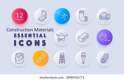 Construction materials set icon. Angle bracket, caulking gun, pipe fitting, concrete mixer, wheelbarrow, brick, measuring tape, paint bucket, level, ladder, brush, timber, renovation, building supplies