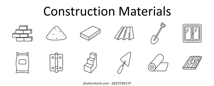 Construction materials set icon. Brick stack, sand aggregate, concrete slab, roofing sheet, digging shovel, window frame, cement sack, metal hinge, stair component, masonry trowel