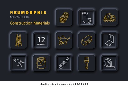 Construction materials set icon. Timber, pipe fitting, mixer, ladder, wheelbarrow, masonry block, bracket, sealant gun, coating bucket, level tool, brush, measurement equipment, renovation