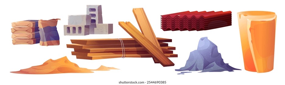 Construction materials set isolated on white background. Vector cartoon illustration of building site equipment, brick pile, cement bags, wooden boards, roof slate and insulation, house renovation