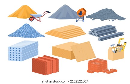 Material de construcción. Montones de arena, cemento, piedras y grava. Ladrillos y bloques, cimientos y losas monolíticas, tablas de madera. Colección vectorial plana de dibujos animados aislada en fondo blanco