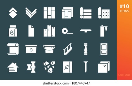 Construction materials solid icons set. Set of floor materials, ceramic tile, oak parquet, linoleum roll, laminate, floor boards, wooden stairs, house facade siding, sealant, paint can glyphs icons