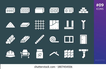 Construction Materials Solid Icons Set. Set Of Roof Tile, Gutter System, Concrete Mixer, Cement Bag, Insulation Roll, Drywall, Bricks, Blocks, Timber, Lumber, Construction Helmet Glyphs Vector Icon