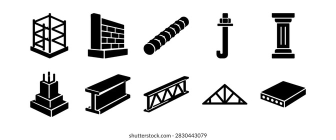construction materials and structural elements icons for stability foundation growth strength and innovation in architecture on transparent background