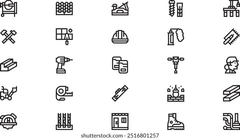 Materiais de construção e ferramentas ícones coleção de ícones de vetor de alta qualidade com traço editável. Ideal para projetos profissionais e criativos.
