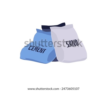 Construction materials in vector format: bags of cement and sand for industrial projects, flat icon in cartoon style on isolated background. Construction site concept.