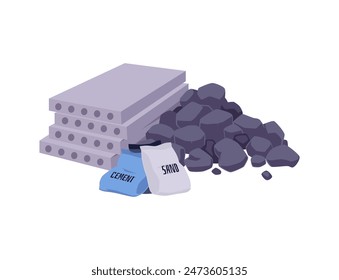 Construction materials in vector format: stones, concrete slabs and several bags of cement and sand. Ideal for construction-themed graphics and icons.