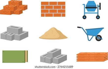 Construction materials vector set with bricks blocks cement mixer sand wheelbarrow wood panels flat design illustration collection building tools