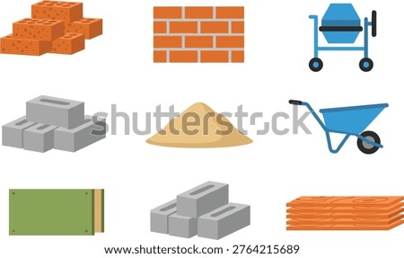 Construction materials vector set with bricks blocks cement mixer sand wheelbarrow wood panels flat design illustration collection building tools
