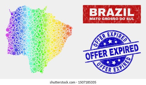 Construction Mato Grosso do Sul State map and blue Offer Expired textured stamp. Rainbow colored gradient vector Mato Grosso do Sul State map mosaic of production units.