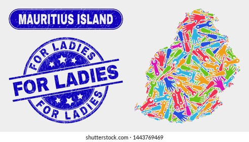 Construction Mauritius Island map and blue For Ladies grunge seal. Colorful vector Mauritius Island map mosaic of workshop parts. Blue round For Ladies rubber.
