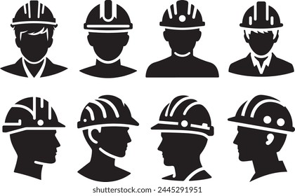 Construction men workers head with safety hard hat vector icon set.