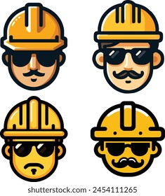 Construction men workers head with safety hard hat and sunglass vector icon set.