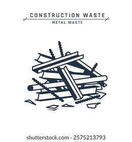 Construction metal waste. Steel scrap. Pile of iron, aluminum, copper, zinc, debris. Demolition garbage on a site or landfill. Home renovation trash. Vector flat icon isolated on white background.