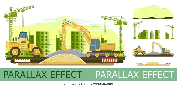 Construcción del microdistrito de la ciudad. Tractores y excavadoras. el conjunto de diapositivas crea una capa de imagen paralela. Estilo de caricatura. Aislado sobre fondo blanco. Vector.