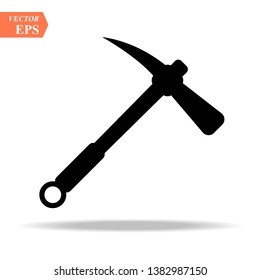 Construction, miner s black icon of a metal pickaxe with a wooden handle for digging earth, ore, black mining, and minerals for repair. Construction metalwork tool. Vector. eps10