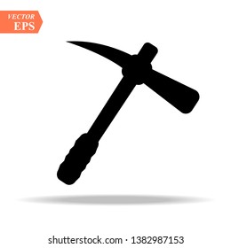Construction, miner s black icon of a metal pickaxe with a wooden handle for digging earth, ore, black mining, and minerals for repair. Construction metalwork tool. Vector. eps10