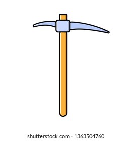 Construction, miner's blue icon of a metal pickaxe with a wooden handle for digging earth, ore, gold mining, and minerals for repair. Construction metalwork tool. Vector.
