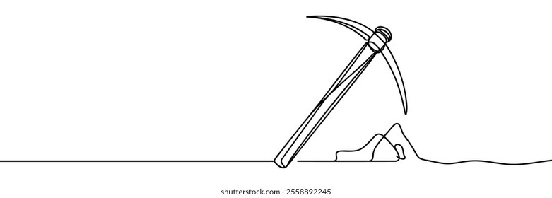 Construction, miner's line drawn of a metal pickaxe with a wooden handle for digging earth, ore, gold mining, and minerals for repair. Construction metalwork tool. Vector.