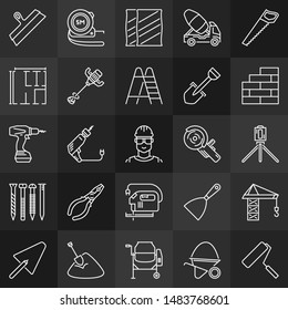 Construction minimal outline icons. Vector collection of Building or Builder linear symbols on dark background