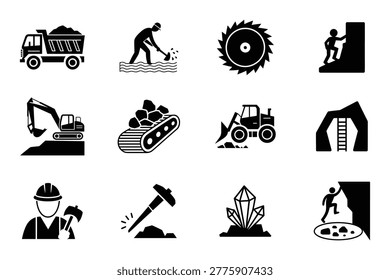 Construction and mining equipment icons with workers and tools isolated on transparent background - Powered by Shutterstock - Get 15% off with code: PIKWIZARD15