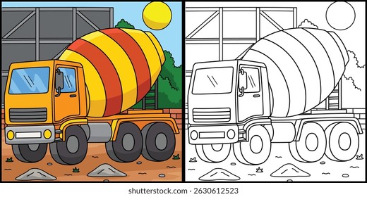 Construction Mixer Coloring Page Illustration 