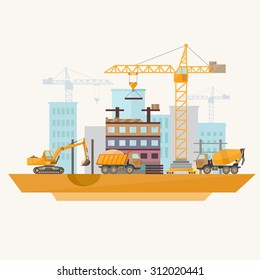 Construction of modern buildings. Flat design.