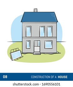 Construction of a modern detached family house. Inserting windows and finished roof. Hand drawn colored cartoon sketch vector illustration. 