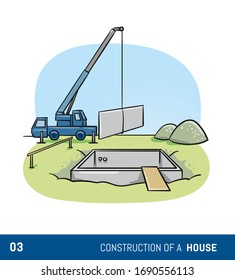 Construction of a modern detached family house. Contruction of basement. Hand drawn colored cartoon sketch vector illustration. 