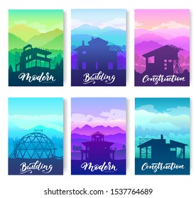 Construction of modern types of buildings concept. Unfinished buildings against nature silhouette. Modern architecture template of flyer, magazines, poster, book cover, banners. Page brochure card set