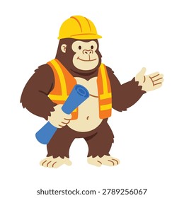 Construction Monkey Holding Blueprint Illustration Containing worker animal mascot, engineering profession concept, and cartoon builder atmosphere