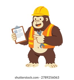 Construction Monkey Holding Clipboard Illustration Containing builder mascot character, safety helmet accessory, and engineering cartoon theme