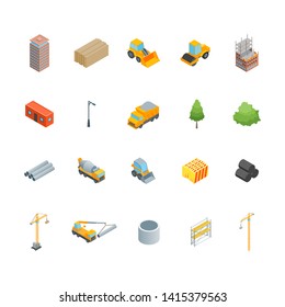 Construction of Multistory Building Concept Icons 3d Isometric View Architecture Industry Include of Crane, Block, Bulldozer and Excavator. Vector illustration