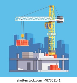 Construction of multistory building house or a skyscraper with tower crane lifting concrete slab and  materials. Modern flat style vector illustration.