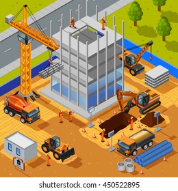 Construction of multistory building isometric design concept with crane bulldozer workers pipes concrete slabs flat vector illustration   