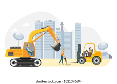 Construction of multi-story buildings flat design concept with cranes bulldozer workers pipes concrete slabs