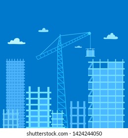 Construction of multi-story buildings. Silhouettes of skyscraper houses, crane on the blue sky background with clouds. Construction site, new district. Monochrome vector illustration.