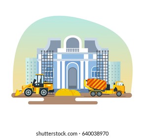 Construction of the museum building with help of special equipment, materials and construction equipment: concrete mixer, forklift, against the background of city houses. Construction building.