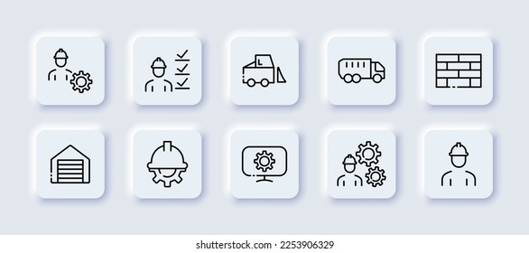 Construction neomorphic icons set. Builder, foreman, tasks, warehouse, settings, helmet, computer, bulldozer, tractor, wall, brick. Infrastructure concept. Vector neomorphic icons set